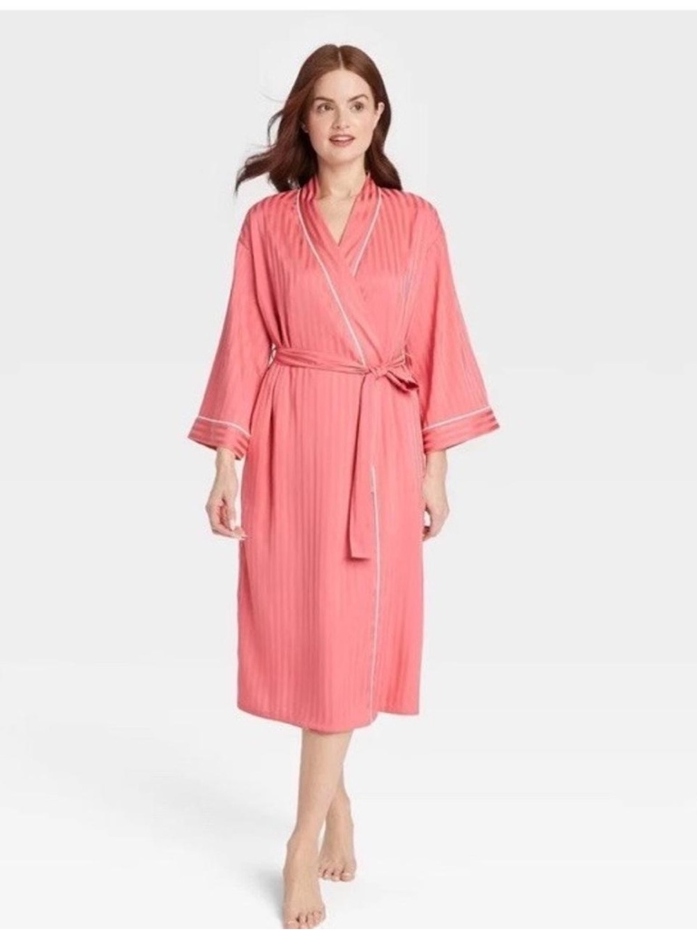 Women's Luxury Collection Shadow Striped Long Satin Robe Auden Coral M/L